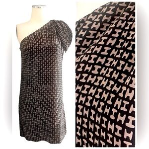 HALSTON Heritage 100% Silk Taupe & Black One-Shoulder Mini Dress 4